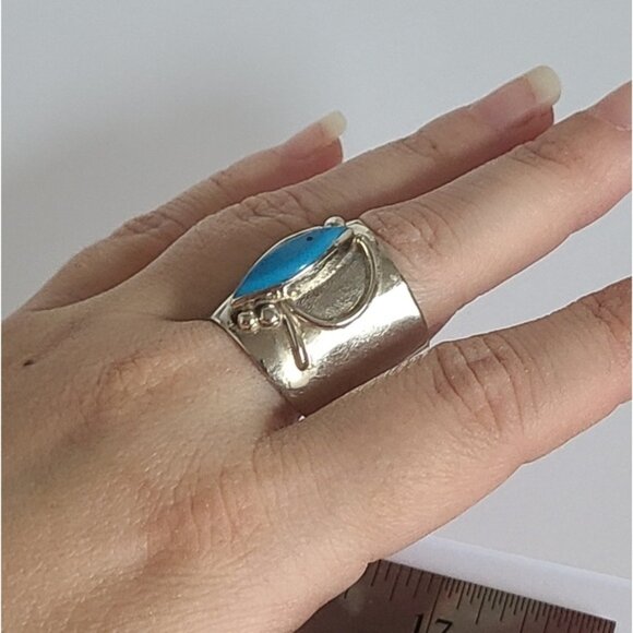 Vintage Boho Native Alpaca Silver Blue Turquoise Chunky Wide Statement Ring - Picture 9 of 10